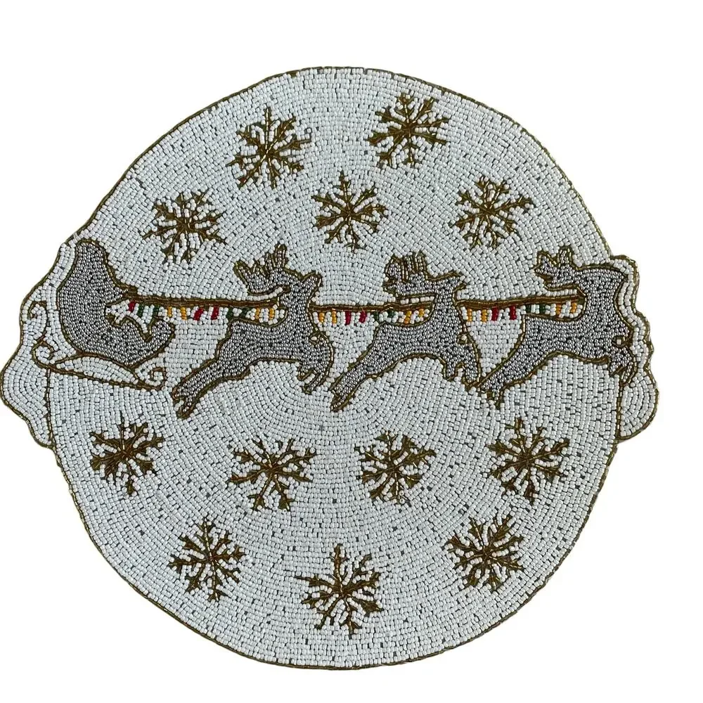 Tahari Christmas Beaded Placemat 15in Holiday Glam Reindeer Snowflakes NEW